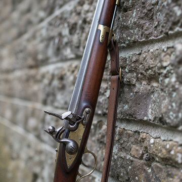 Antique rifle leaning against a stone wall in a rustic setting
