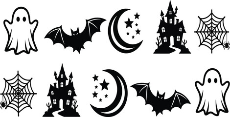 Fototapeta premium Halloween Icons Vector Set: Spooky Silhouettes of Ghosts, Bats, Haunted Houses, Spider Webs, and Moons - Perfect for Party Decorations, Web Design, and Holiday Graphic Projects