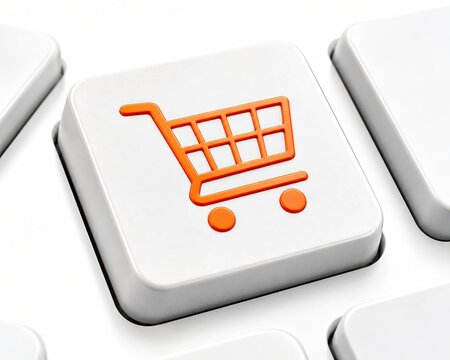 Orange shopping cart icon on a white computer keyboard button key