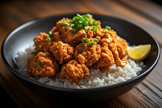 karaage don with rice served in a bowl