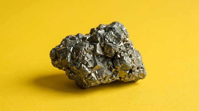 Raw pyrite mineral stone on a vibrant yellow background