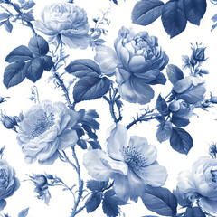 Fototapeta premium Classic botanical engraving pattern with elegant garden roses and detailed leaves in blue and white vintage style