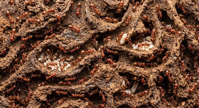 Close-up view of a bustling ant colony inside a dark, textured earthen nest, featuring numerous reddish-brown ants tending to clusters of white larvae and pupae within intricate soil tunnels