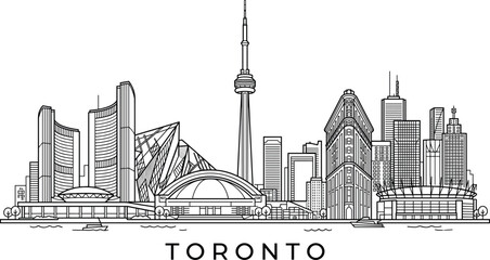 Naklejka premium Toronto Canada Skyline Line Art with Iconic Landmarks and Modern Architectural Cityscape Illustration