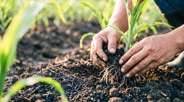 Farmer hands enriching soil with organic compost biochar and plant seedling roots for ECO green farming