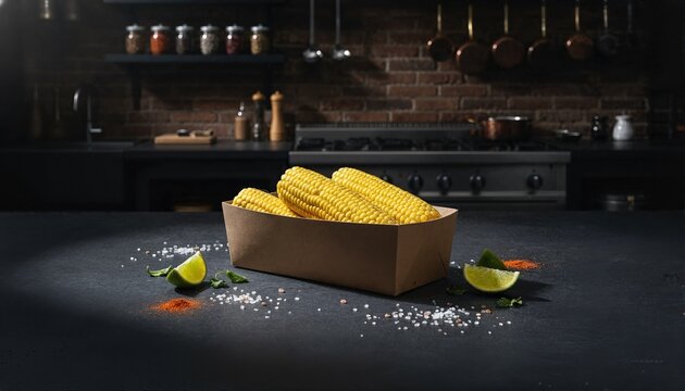 Premium corn cobs on dark slate with spices