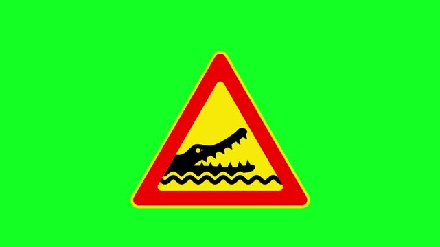 Animated Crocodile Warning Sign On Green Screen For Water Safety Alert