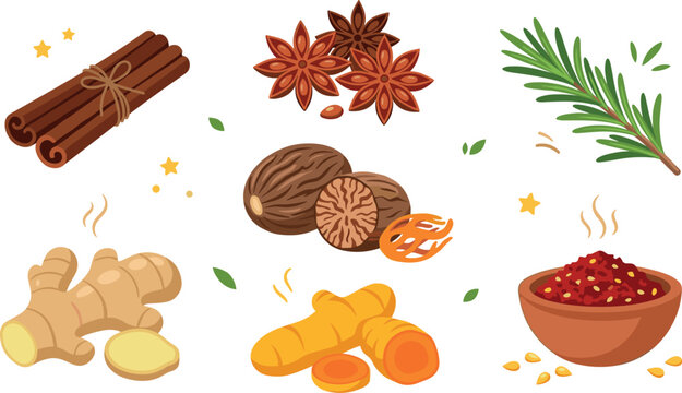 Aromatic Cooking Spices and Herbs Icon Set with Cinnamon Star Anise Ginger Turmeric Nutmeg Rosemary and Chili Powder Vector Elements