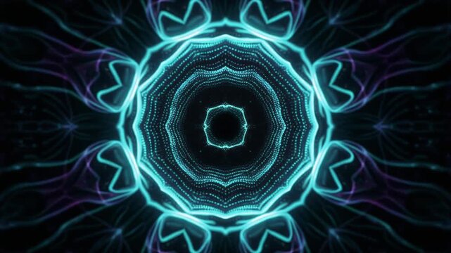 A luminous spherical core emits rhythmic concentric energy pulses expanding into darkness as tiny particles respond to each wave &mdash; electric cyan and violet form a mandala-like cinematic design.