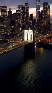 Brooklyn Bridge In Manhattan New York United States. Breathtaking Aerial View Of Busy Traffic In A Freeway Road. Sunset Cities Of The World. Landmark Downtown. Manhattan New York.