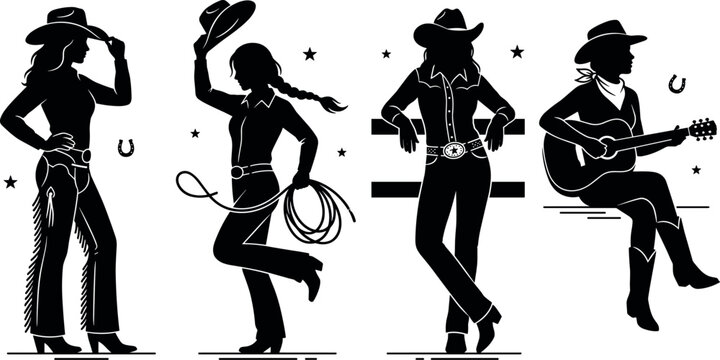 Cowgirl Silhouette Vector Icon Set with Western Women Figures Holding Lasso Playing Guitar and Wearing Traditional Hats for Country Theme Designs