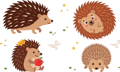 Obraz premium Cute Hedgehog Vector Character Set with Adorable Forest Animal Cartoons Holding an Apple and Curled up in a Ball for Autumn Graphic Designs