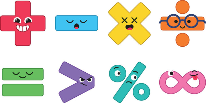 Cute Cartoon Math Symbols Vector Character Set Featuring Colorful Addition, Subtraction, Multiplication, Division, and Infinity Signs with Expressions for Kids Educational Material Designs