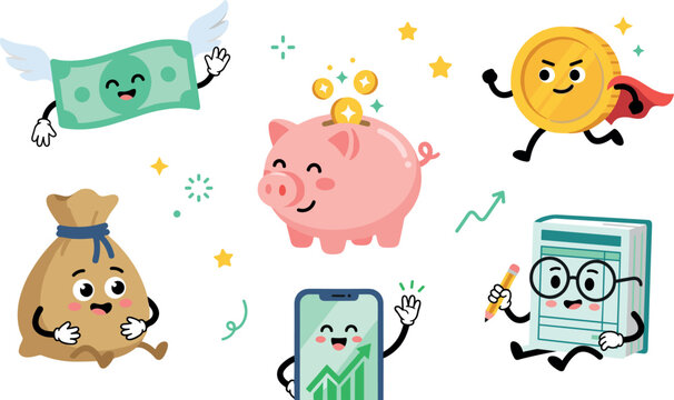 Cute Financial Mascot Icon Set with Piggy Bank Flying Money Coin Superhero Sack and Smartphone Investment App Vector Characters