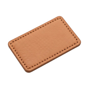 Small rectangular brown leather patch with stitching isolated on transparent background