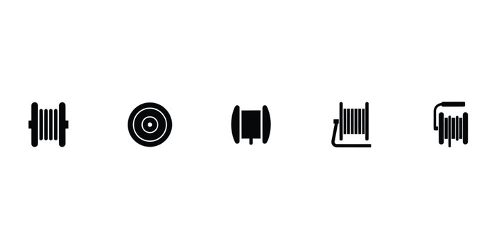 Five black silhouette depicting various cable reels and spools for electrical wiring, industrial utility, and construction site management