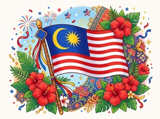 Obraz premium Colorful Malaysia National Day Wallpaper with Hibiscus and Festive Decorations