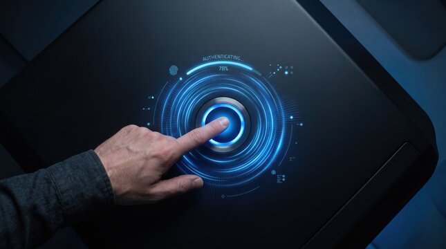 Close-up of human finger pressing biometric fingerprint scanner for security authentication, futuristic digital interface with blue glowing light, cyber safety