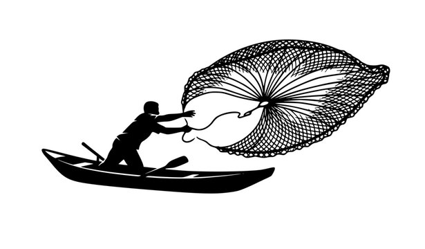 Traditional fisherman casting atarraya net from canoe river fishing black white vector