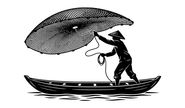 Traditional fisherman throwing atarraya fishing net from canoe black silhouette vector
Keywords:
