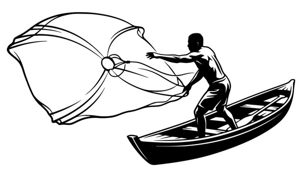 Artisanal river fisherman casting circular atarraya net from wooden canoe vector