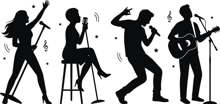 Live Music Band Silhouette Vector Icon Set with Singers Musicians Guitarist Performing on Stage for Concert Posters Event Promotions and Entertainment Industry Designs