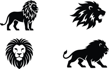 Fototapeta premium Lion logo and silhouette icons vector set featuring roaring wildcat profile head mascot standing majestic predator and stalking hunting lion stance