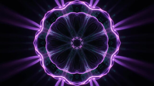 A luminous spherical core emits rhythmic concentric energy pulses expanding into darkness as tiny particles respond to each wave &mdash; electric cyan and violet form a mandala-like cinematic design.