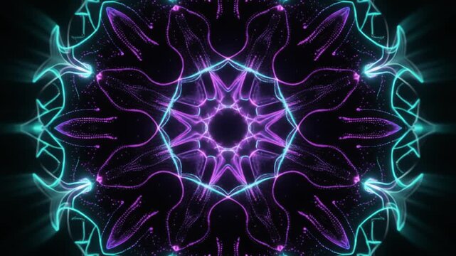 A luminous spherical core emits rhythmic concentric energy pulses expanding into darkness as tiny particles respond to each wave &mdash; electric cyan and violet form a mandala-like cinematic design.
