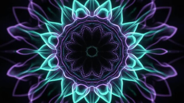 A luminous spherical core emits rhythmic concentric energy pulses expanding into darkness as tiny particles respond to each wave &mdash; electric cyan and violet form a mandala-like cinematic design.
