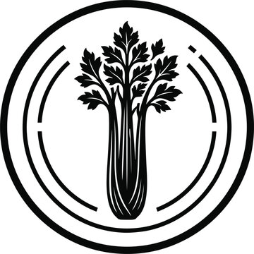Celery stalk fresh vegetable icon inside round emblem badge for healthy food market branding and organic product label