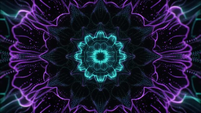 A luminous spherical core emits rhythmic concentric energy pulses expanding into darkness as tiny particles respond to each wave &mdash; electric cyan and violet form a mandala-like cinematic design.