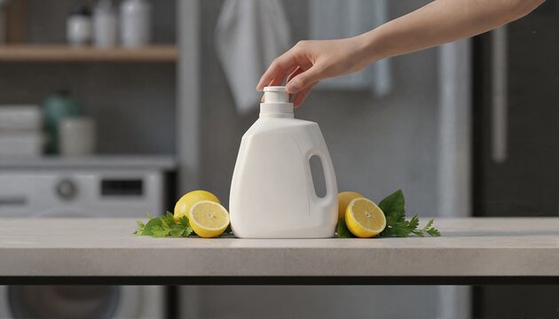 Premium liquid detergent bottle with white label on a modern stone surface with citrus