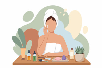 Fototapeta premium Woman applying skincare products at vanity table