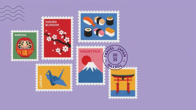 Set of japanese culture and travel postage stamps