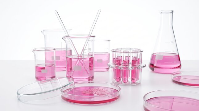 Scientific laboratory glassware with pink chemical liquid for medical research, biology experiment equipment including beakers, test tubes, flasks and petri dishes on white