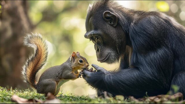 Squirrel approaches young ape during sunny afternoon in forest setting