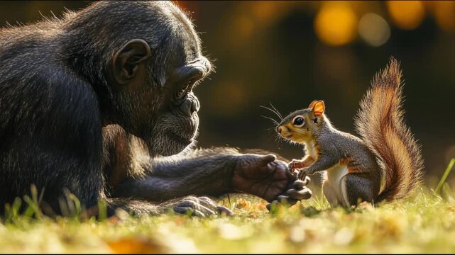 Chimpanzee and squirrel interact in a forest during autumn