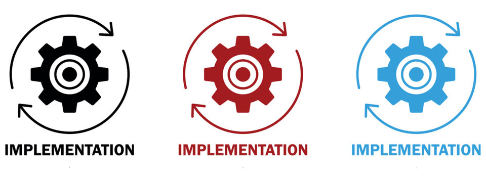 Set of three circular arrows with gears symbolizing implementation, process, and workflow.