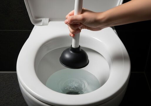 Hand using a rubber plunger to unclog a toilet