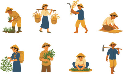 Fototapeta premium PrintAsian Rice Farmers and Agriculture Workers Set Character Illustration Vector for Traditional Farming, Harvesting, Village Culture, and Organic Food Production Designs