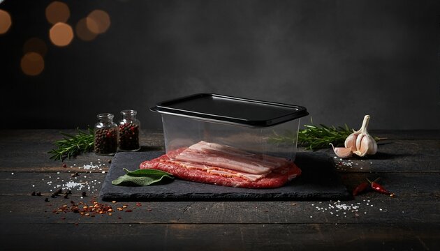 Premium raw beef and bacon on dark stone