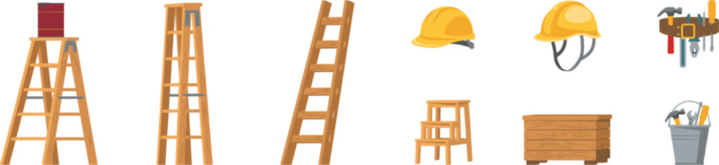 Construction and Home Renovation Vector Set with Wooden Ladders, Hard Hats, Step Stool, and Repair Tool Elements for Building and Carpentry Graphic Designs © Mst