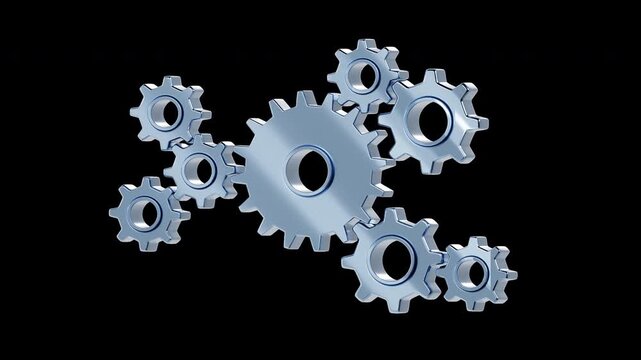 Silver metallic gears and interlocking cogs rotate seamlessly in a 3D looping animation on a transparent background, symbolizing smooth teamwork, corporate operations, and technical system efficiency.
