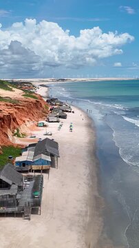 Canoa Quebrada Beach In Aracati Ceara Brazil. Breathtaking Aerial View Of A Lush Tropical Coastline Scenery. Bay Water Landscape. Landmark Seaside. Aracati Ceara.