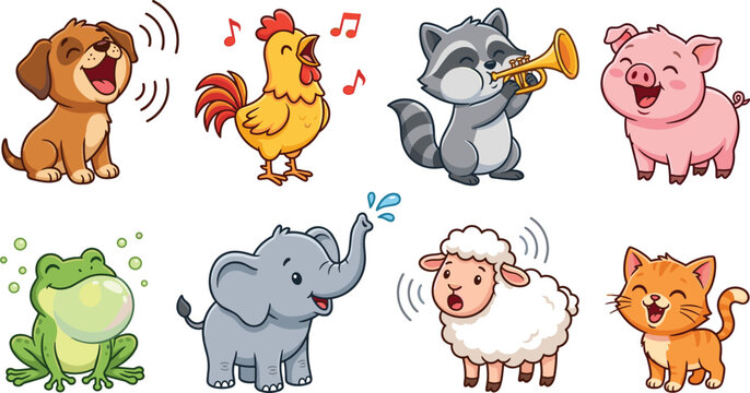 PrintCute Cartoon Animals Making Noises and Playing Music Icon Set with Puppy Rooster Raccoon Pig Frog Elephant Sheep and Kitten Vectors