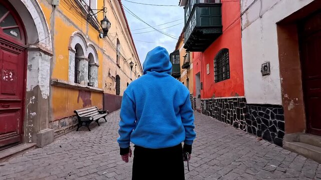 Traveler standing in a colorful historic alleyway in Potosi, Bolivia