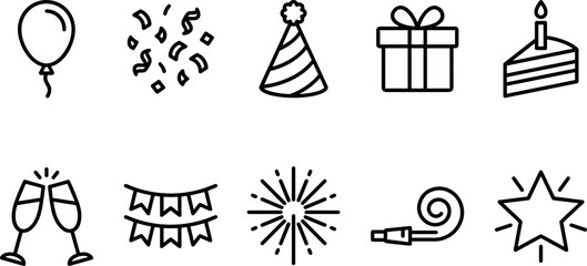 Fototapeta premium Birthday party celebration and event holiday line icon vector set featuring balloon confetti hat gift box cake slice champagne glasses bunting firework blower star elements for interface UI.
