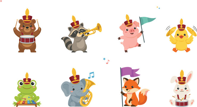 Cute Cartoon Marching Band Animals Vector Character Set Featuring Bear, Raccoon, Pig, Duck, Frog, Elephant, Fox, and Rabbit Playing Musical Instruments
