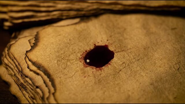 Mysterious blood drop on an old burnt paper scroll background for a dark creepy Halloween atmosphere concept
